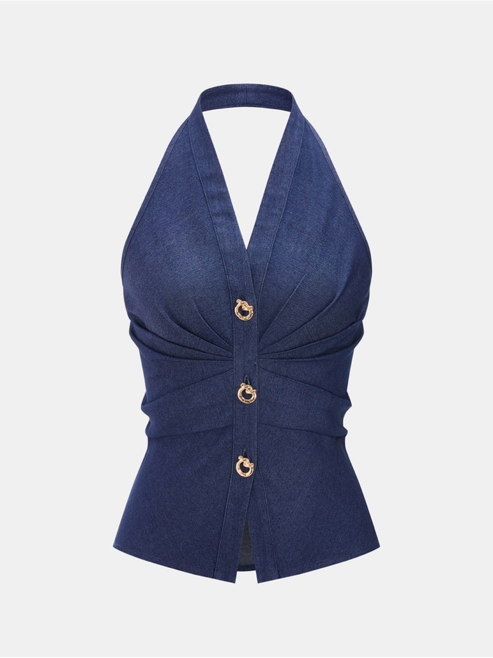 Commense Ruched Denim Halter Top - Picture 2 of 8